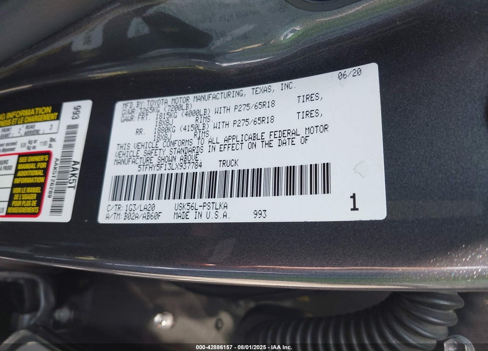 2020 TOYOTA TUNDRA LIMITED VIN: 5TFHY5F13LX937784