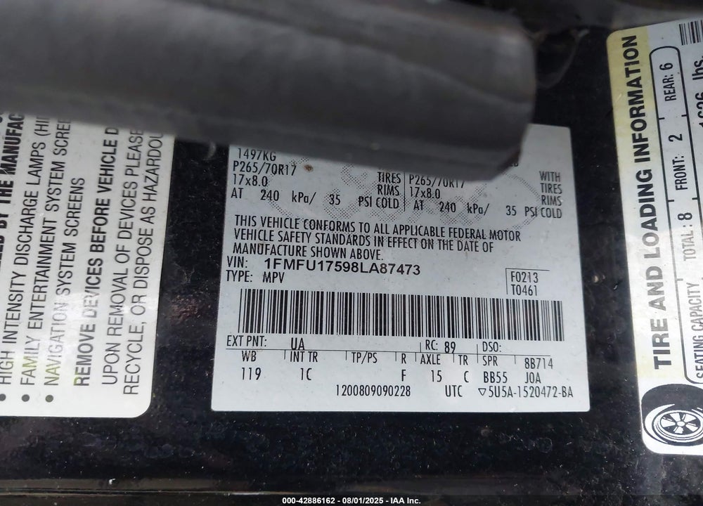 2008 FORD EXPEDITION EDDIE BAUER VIN: 1FMFU17598LA87473