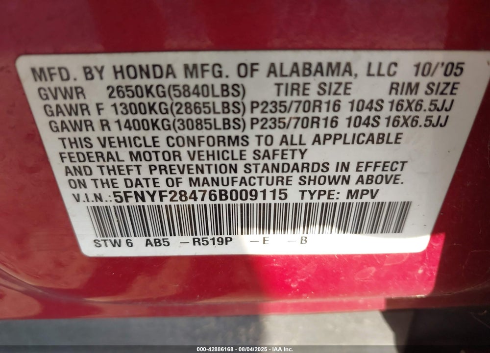 2006 HONDA PILOT VIN: 5FNYF28476B009115