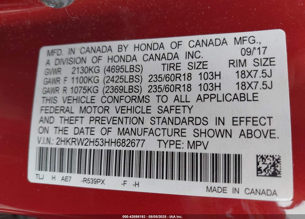 2017 HONDA CR-V VIN: 2HKRW2H53HH682677