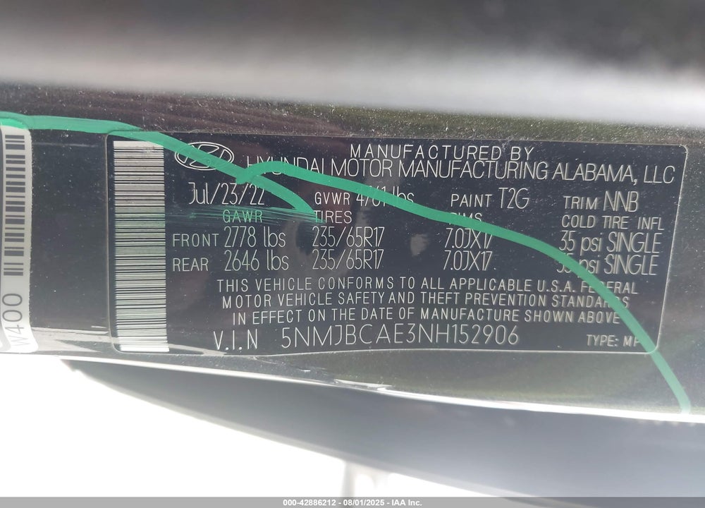 2022 HYUNDAI TUCSON SEL VIN: 5NMJBCAE3NH152906
