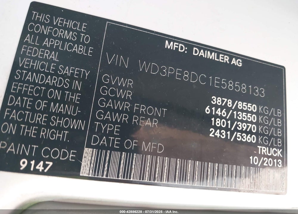 2014 MERCEDES-BENZ SPRINTER 2500 HIGH ROOF VIN: WD3PE8DC1E5858133