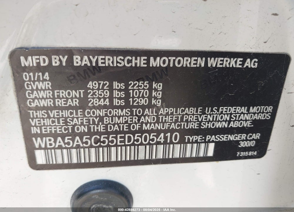 2014 BMW 5 SERIES VIN: WBA5A5C55ED505410