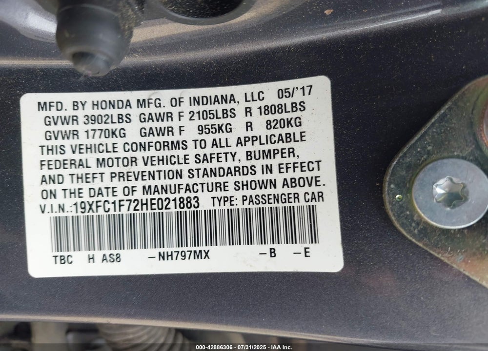 2017 HONDA CIVIC VIN: 19XFC1F72HE021883