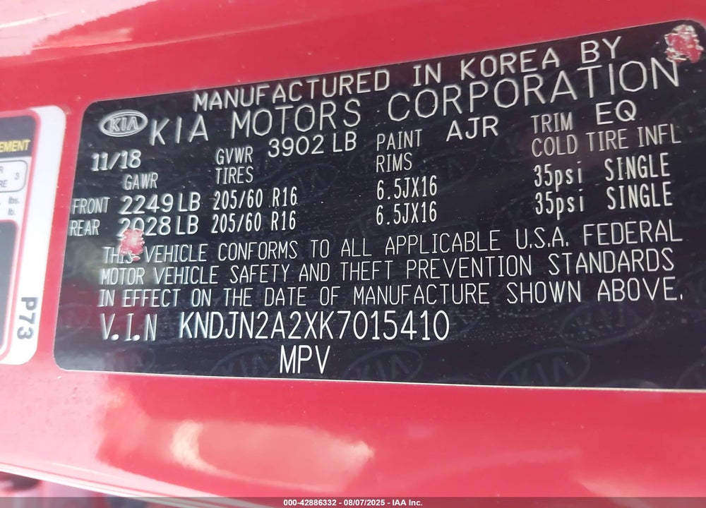 2019 KIA SOUL VIN: KNDJN2A2XK7015410
