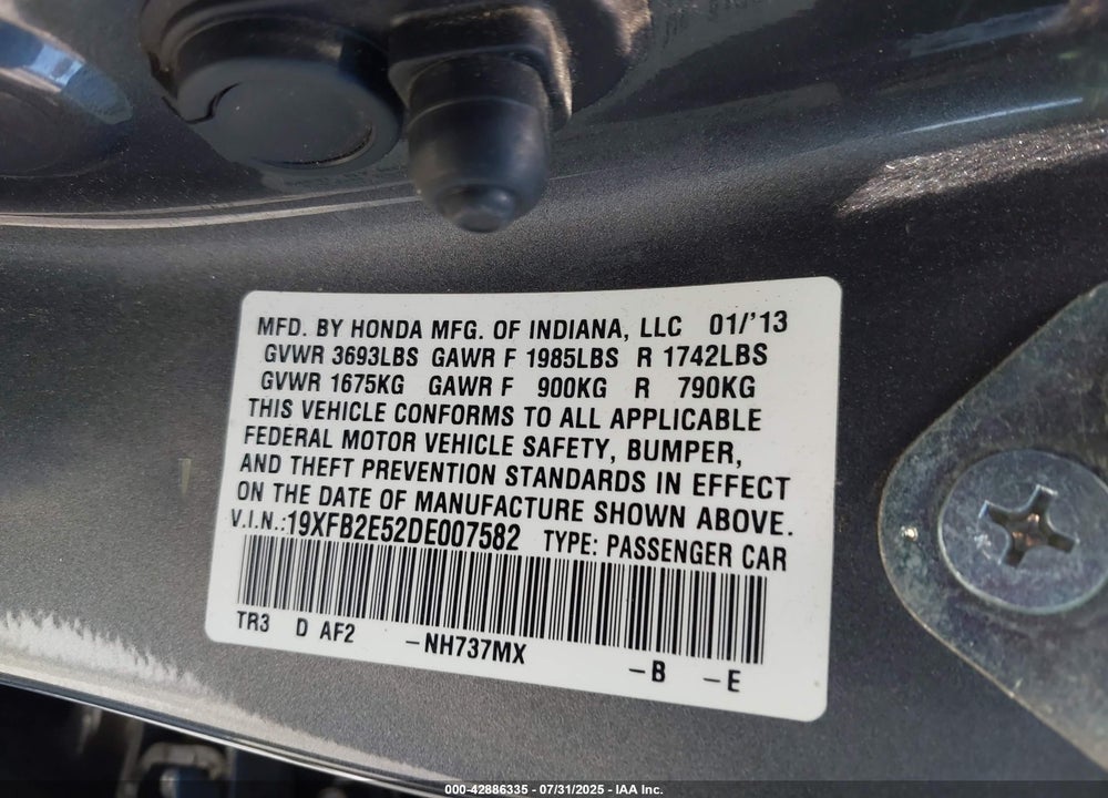 2013 HONDA CIVIC VIN: 19XFB2E52DE007582