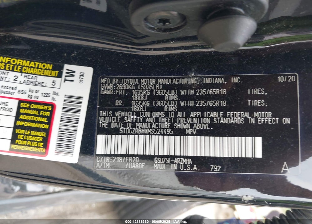 2021 TOYOTA HIGHLANDER VIN: 5TDGZRBHXMS524495