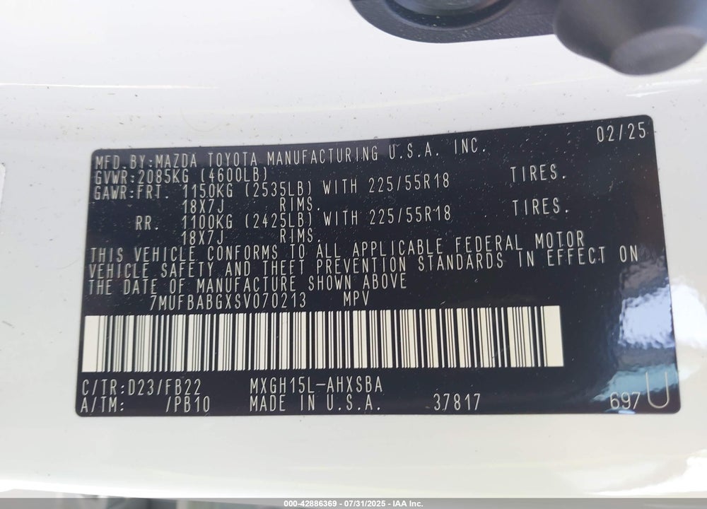 2025 TOYOTA COROLLA CROSS VIN: 7MUFBABGXSV070213