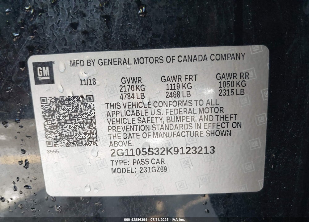 2019 CHEVROLET IMPALA VIN: 2G1105S32K9123213