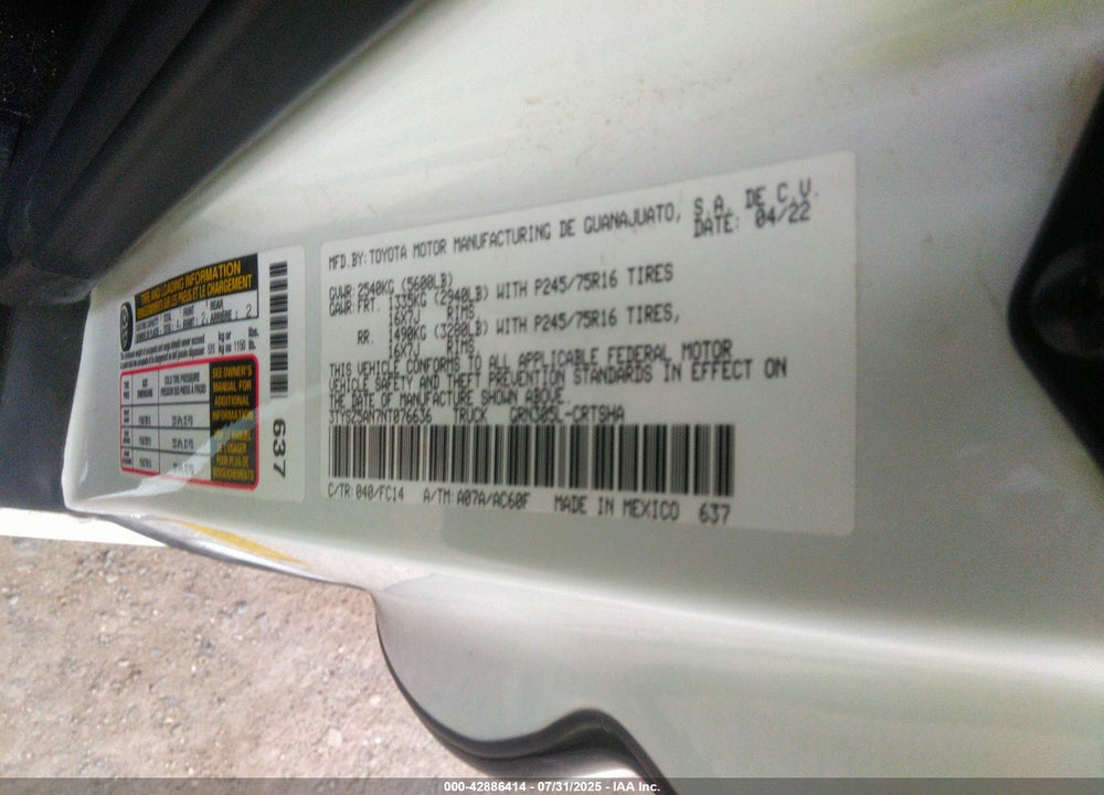 2022 TOYOTA TACOMA SR5 V6 VIN: 3TYSZ5AN7NT076636