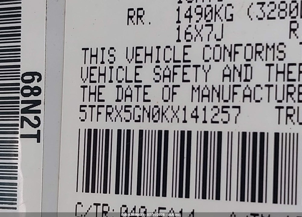 2019 TOYOTA TACOMA VIN: 5TFRX5GN0KX141257