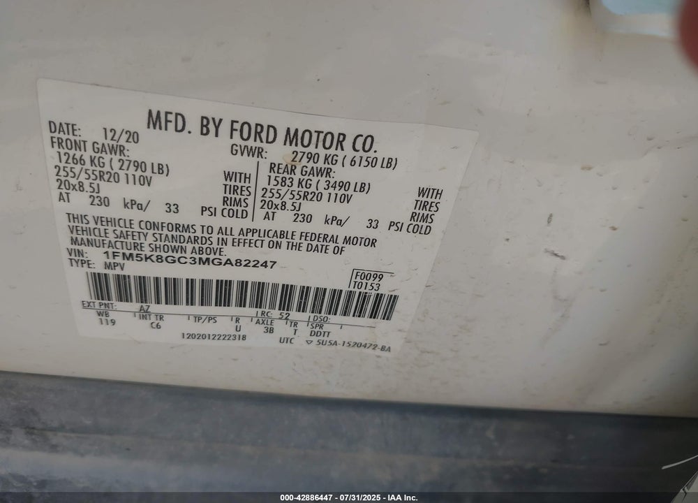 2021 FORD EXPLORER VIN: 1FM5K8GC3MGA82247