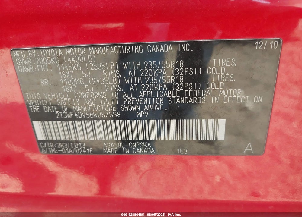 2011 TOYOTA RAV4 VIN: 2T3WF4DV5BW067598