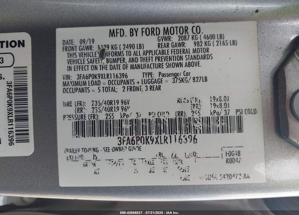 2020 FORD FUSION VIN: 3FA6P0K9XLR116396