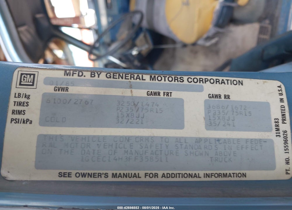 1985 CHEVROLET C10 VIN: 1GCEC14H3FF358511