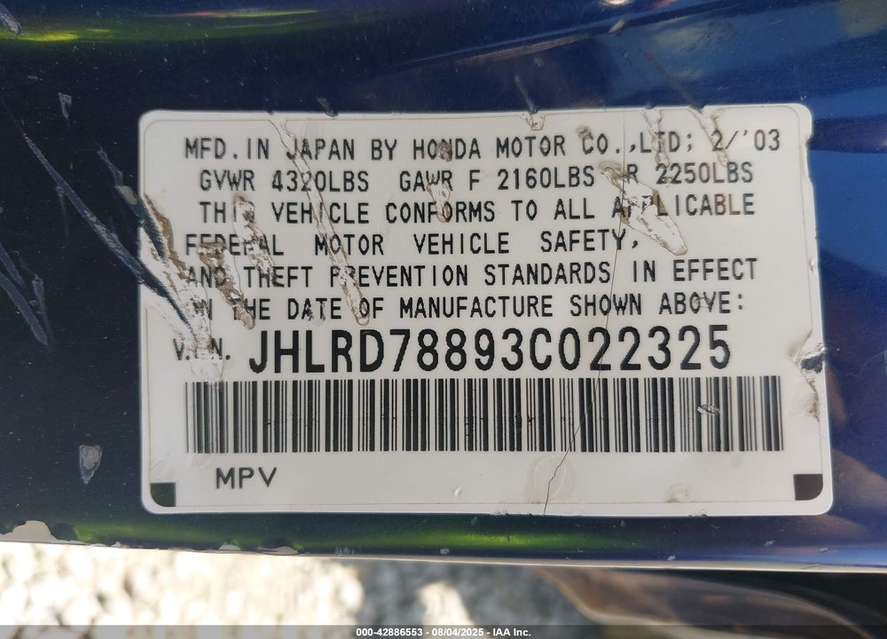 2003 HONDA CR-V EX VIN: JHLRD78893C022325