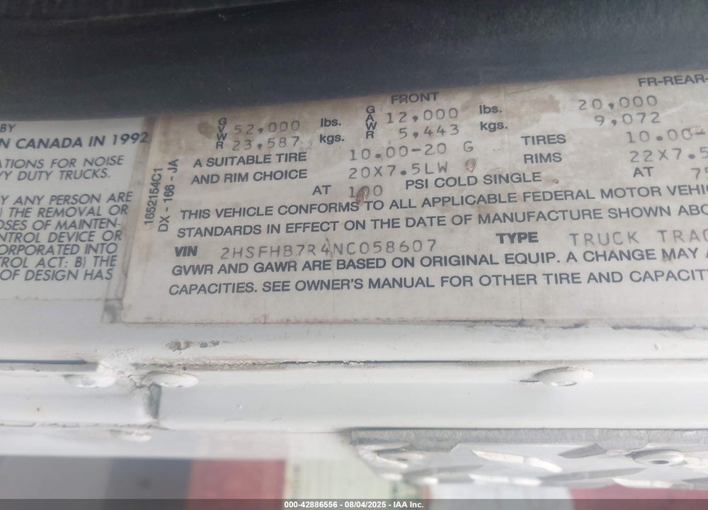 1992 INTERNATIONAL 9000 9400 VIN: 2HSFHB7R4NC058607