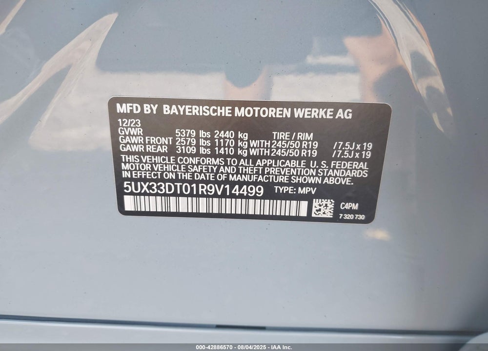 2024 BMW X4 XDRIVE30I VIN: 5UX33DT01R9V14499
