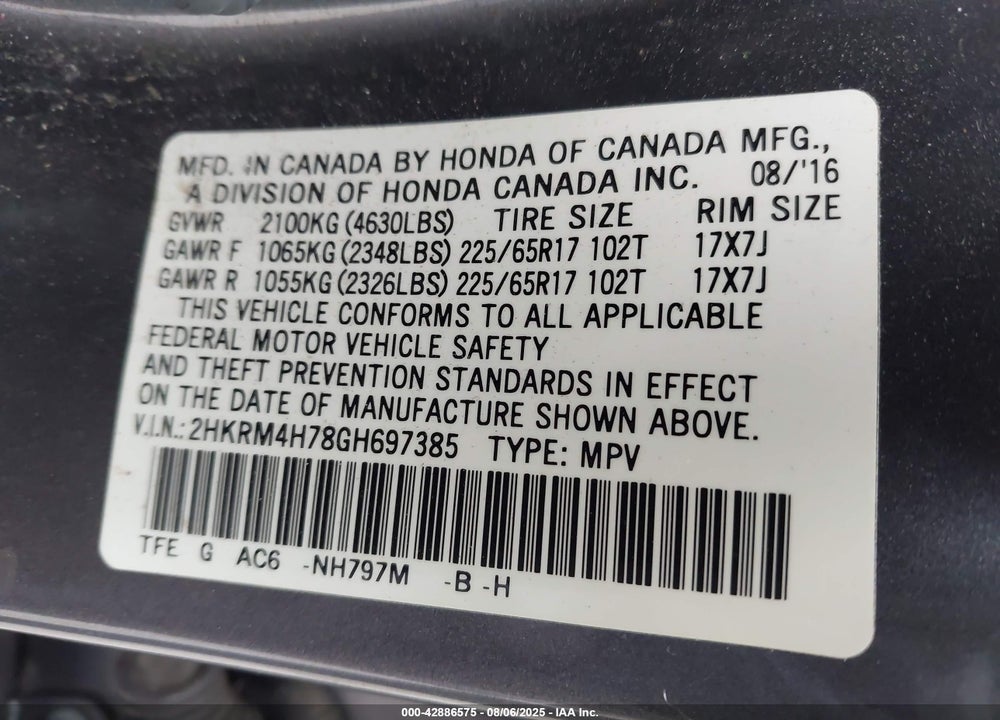 2016 HONDA CR-V VIN: 2HKRM4H78GH697385