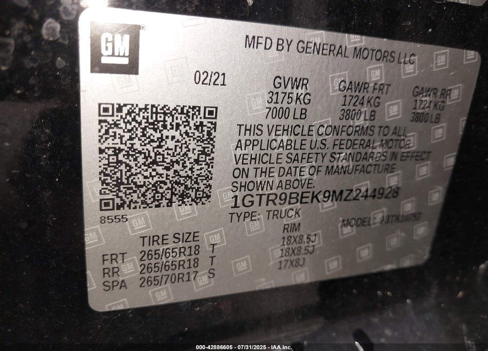 2021 GMC SIERRA 1500 VIN: 1GTR9BEK9MZ244928