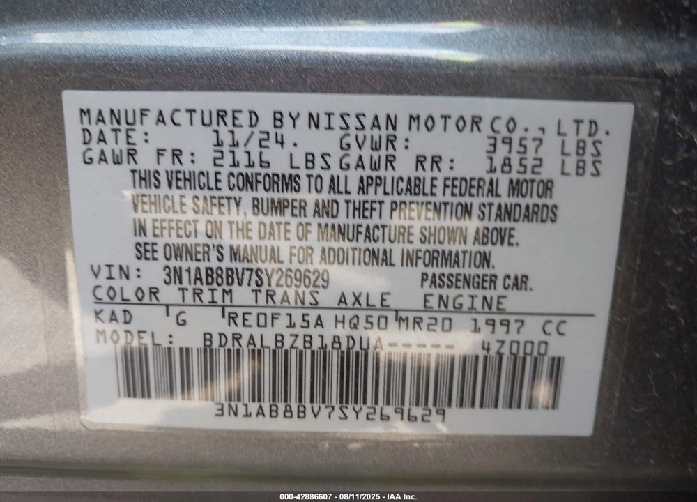 2025 NISSAN SENTRA VIN: 3N1AB8BV7SY269629