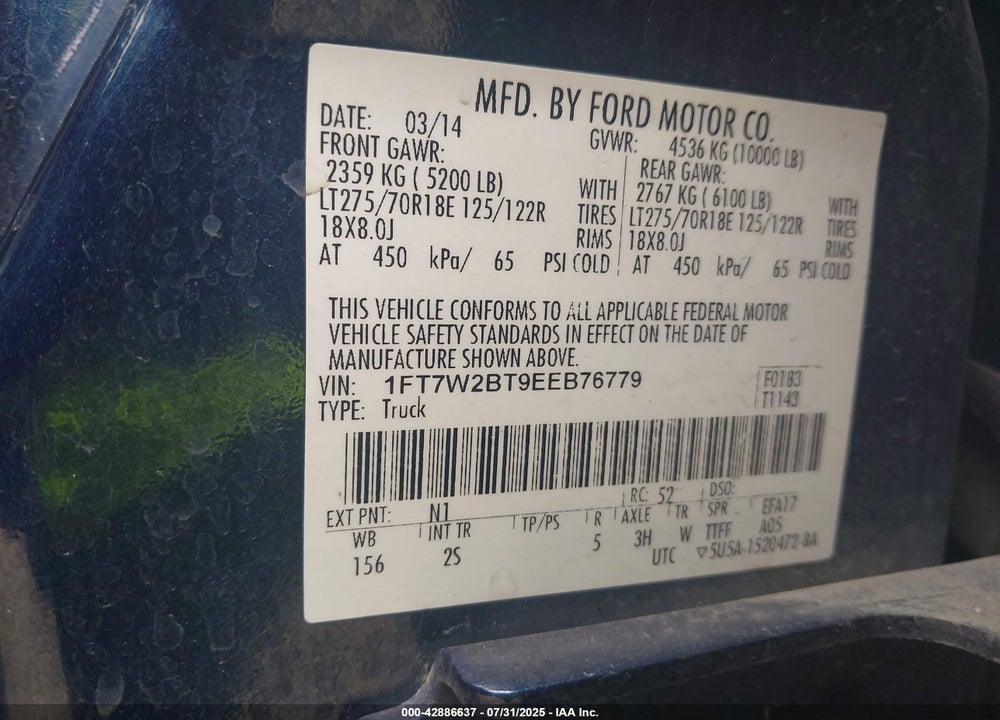 2014 FORD F-250 VIN: 1FT7W2BT9EEB76779