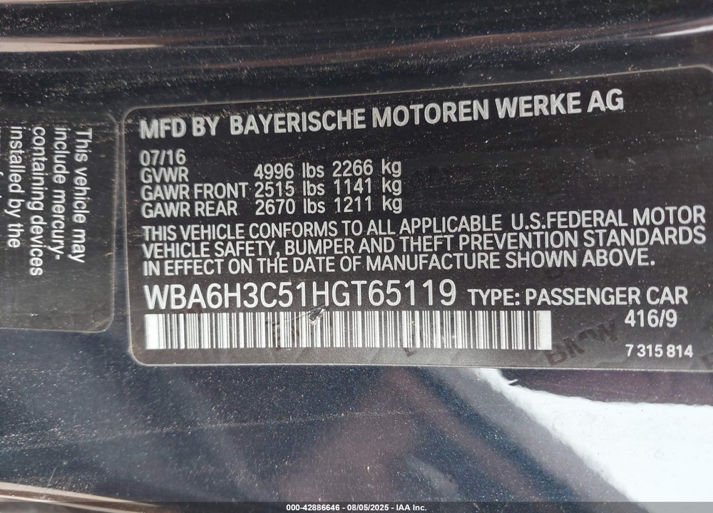 2017 BMW 6 SERIES VIN: WBA6H3C51HGT65119