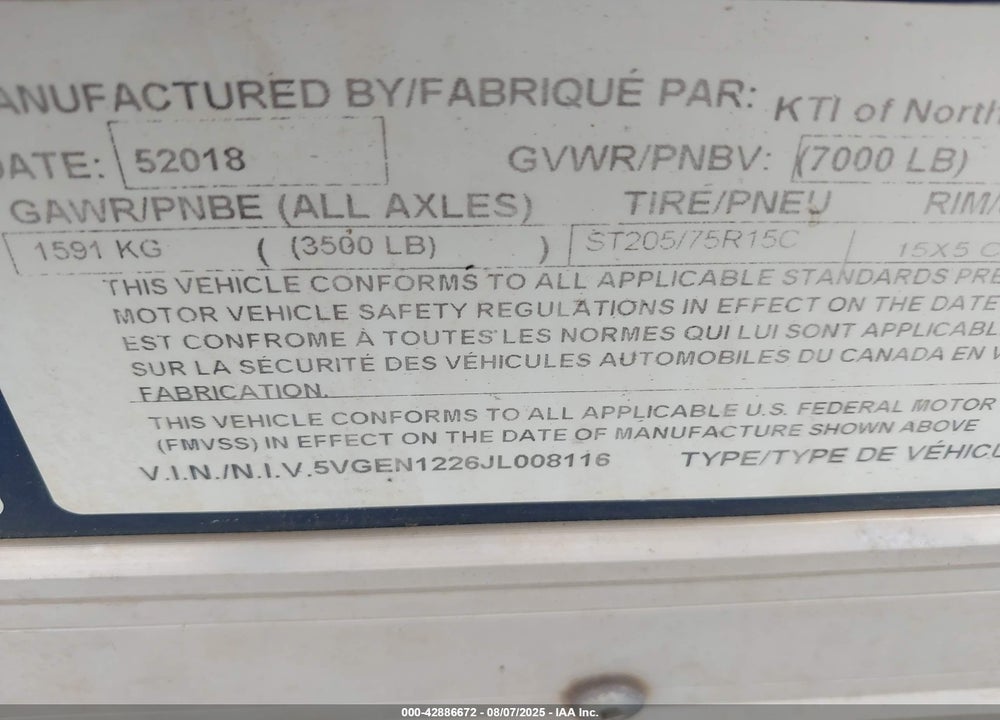 2018 KAUFMAN TRAILERS UNKNOWN VIN: 5VGEN1226JL008116