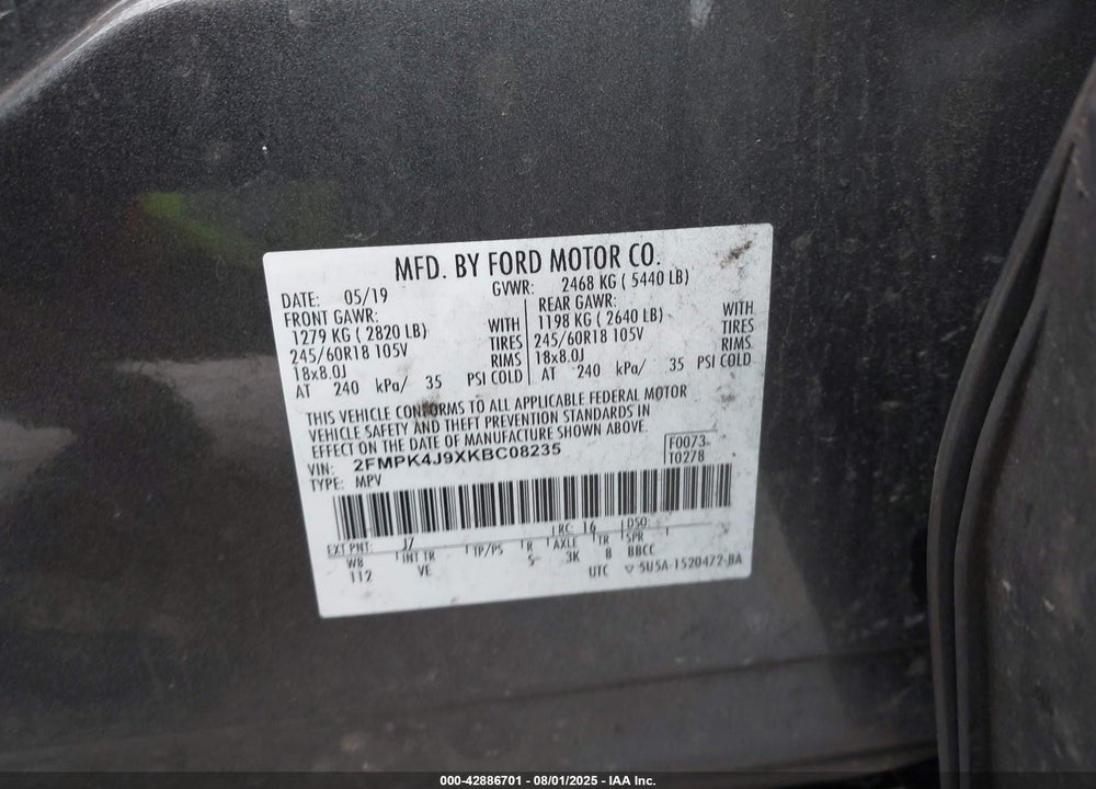 2019 FORD EDGE VIN: 2FMPK4J9XKBC08235