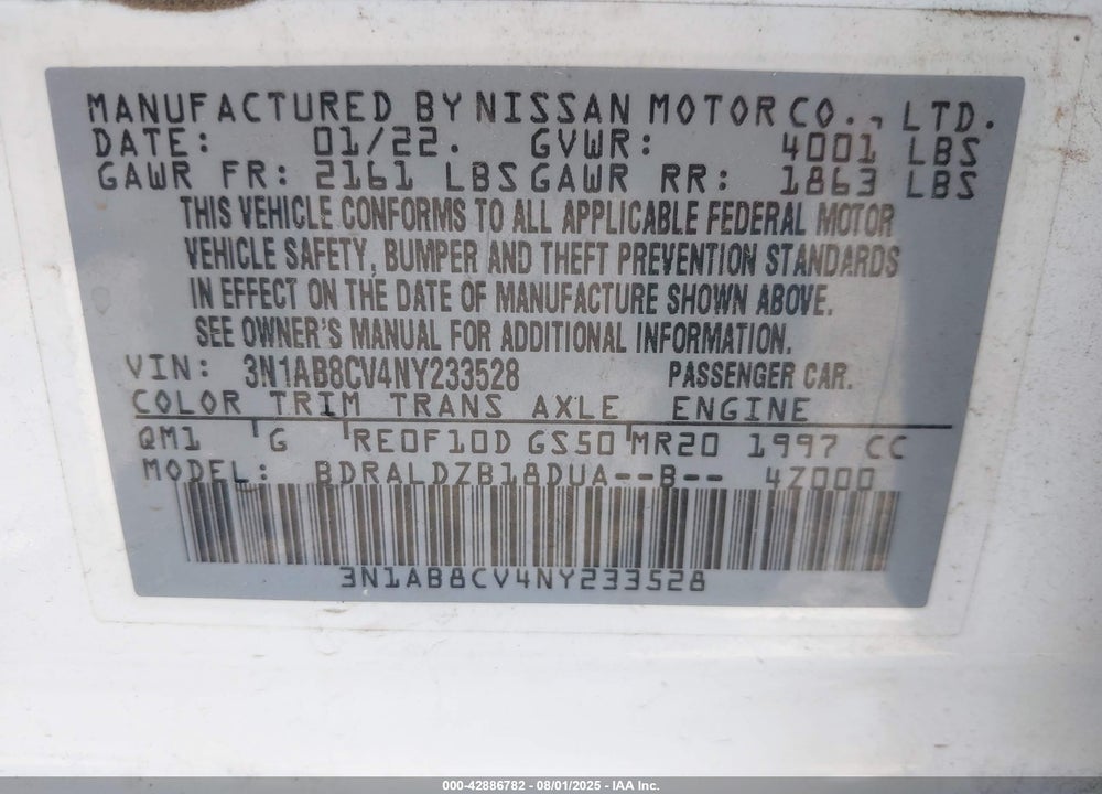 2022 NISSAN SENTRA SV XTRONIC CVT VIN: 3N1AB8CV4NY233528