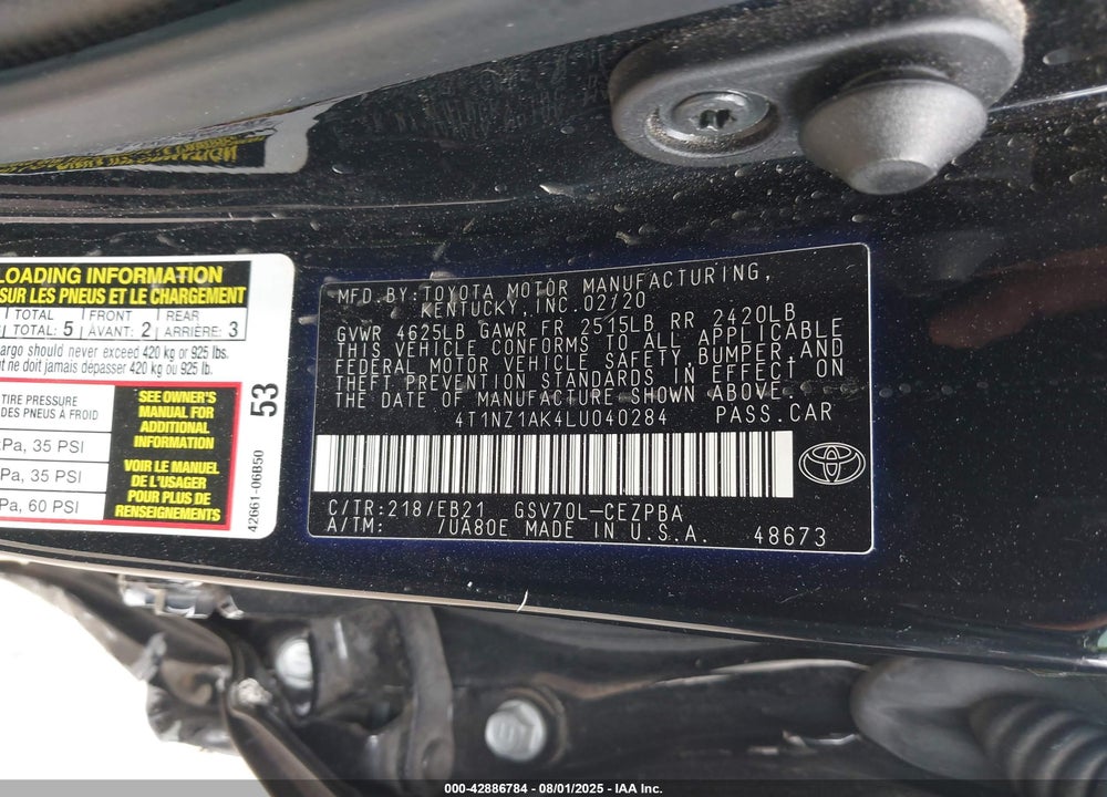2020 TOYOTA CAMRY VIN: 4T1NZ1AK4LU040284