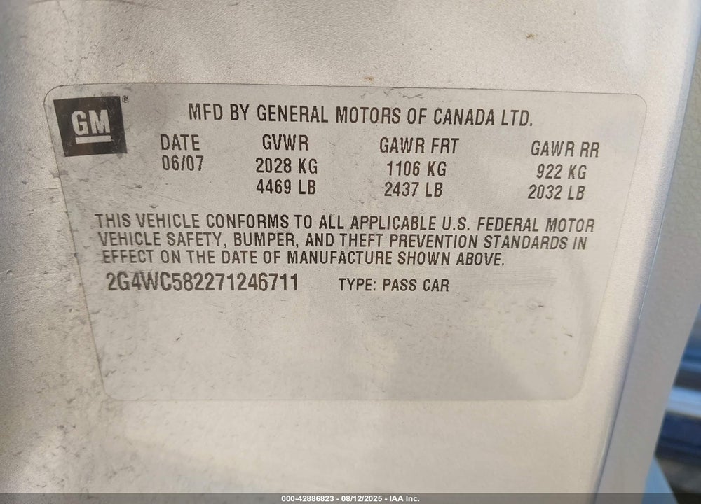 2007 BUICK LACROSSE VIN: 2G4WC582271246711