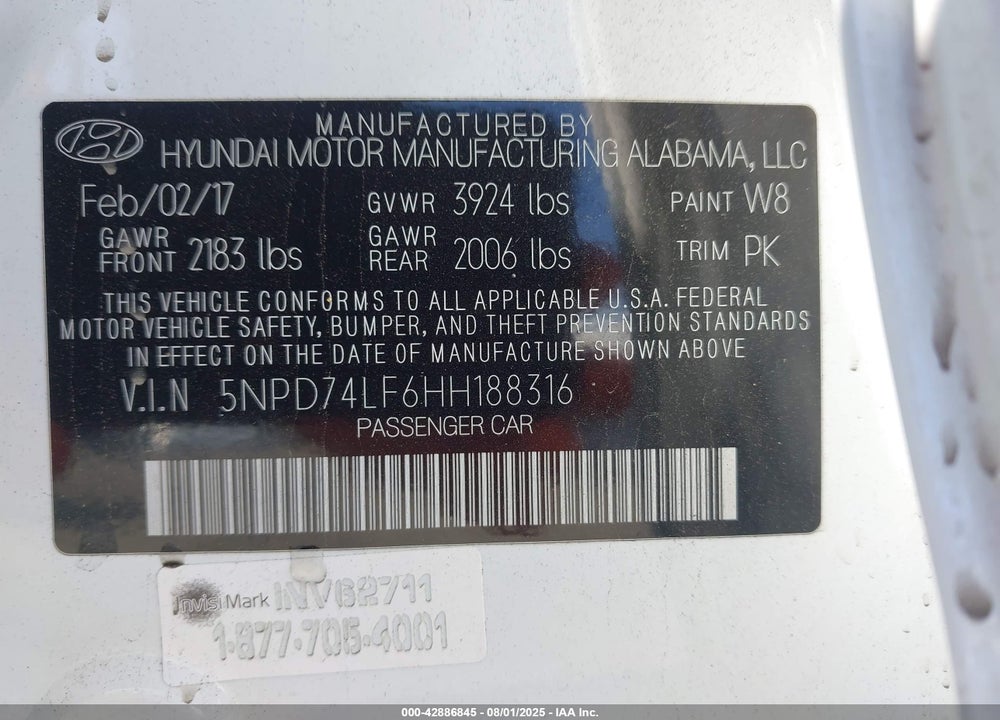 2017 HYUNDAI ELANTRA VIN: 5NPD74LF6HH188316