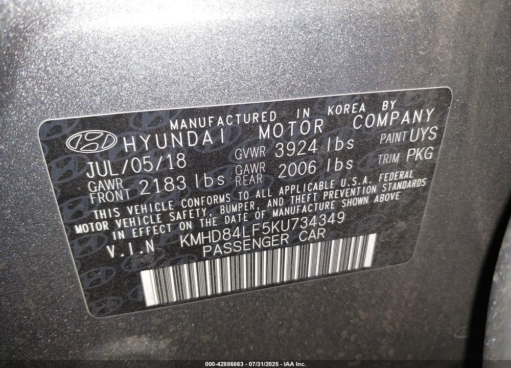 2019 HYUNDAI ELANTRA VIN: KMHD84LF5KU734349