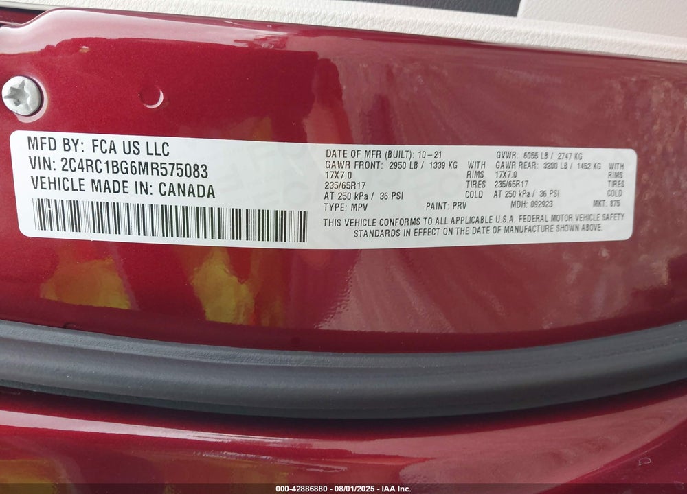 2021 CHRYSLER PACIFICA TOURING L VIN: 2C4RC1BG6MR575083