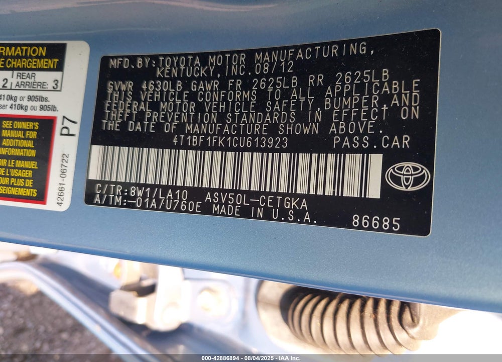 2012 TOYOTA CAMRY VIN: 4T1BF1FK1CU613923