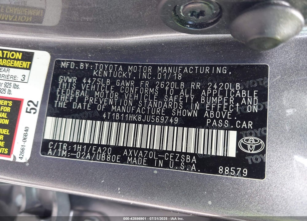 2018 TOYOTA CAMRY VIN: 4T1B11HK8JU569749