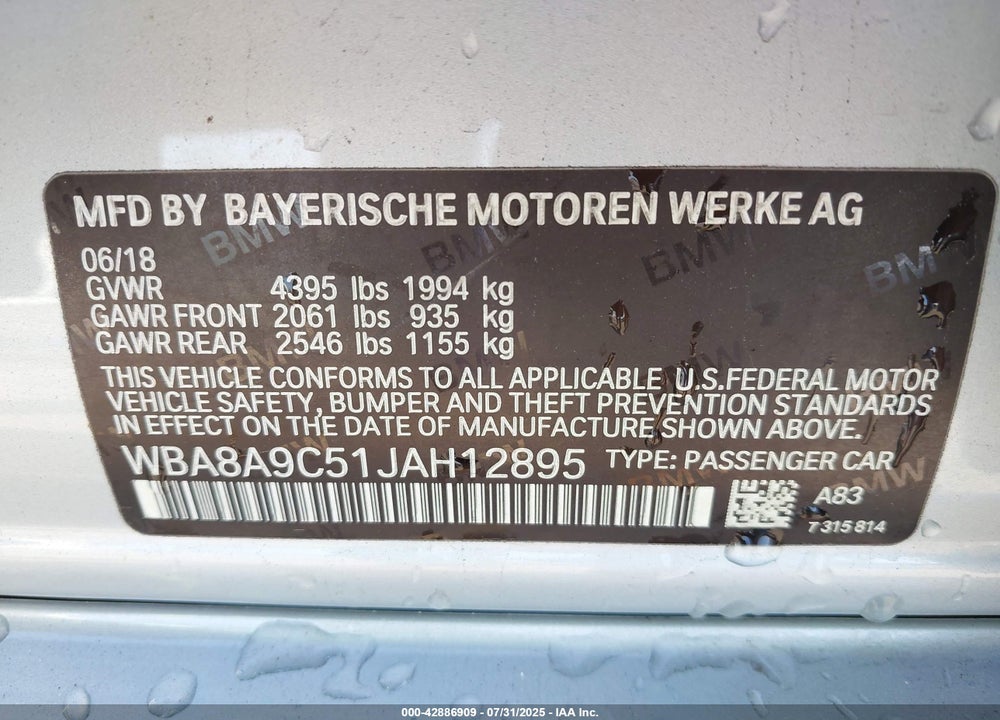 2018 BMW 3 SERIES VIN: WBA8A9C51JAH12895
