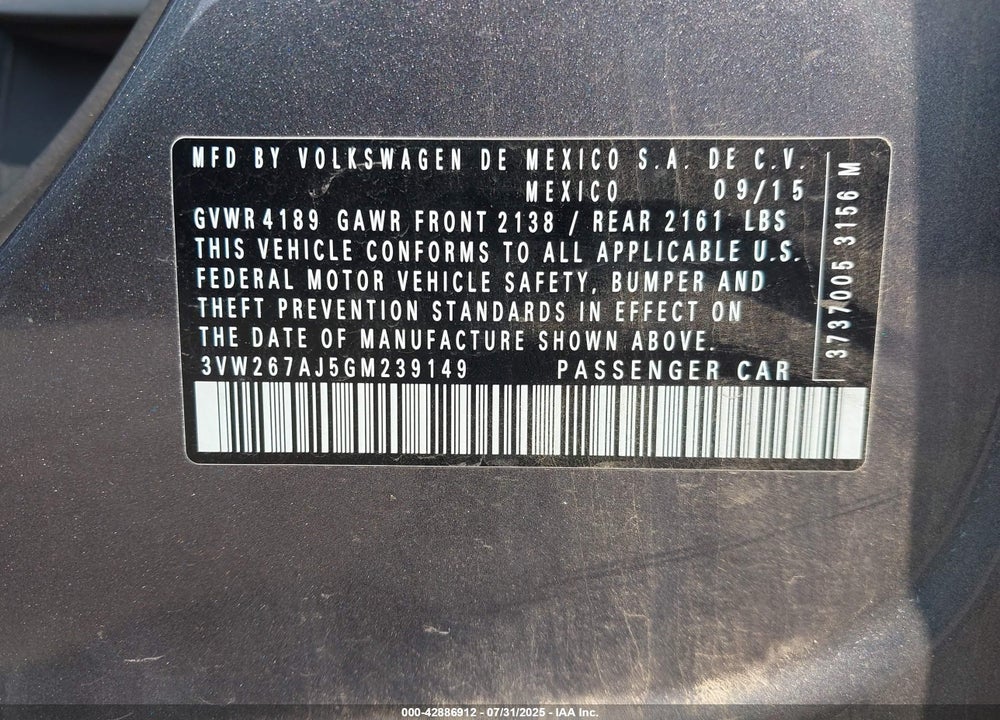 2016 VOLKSWAGEN JETTA VIN: 3VW267AJ5GM239149