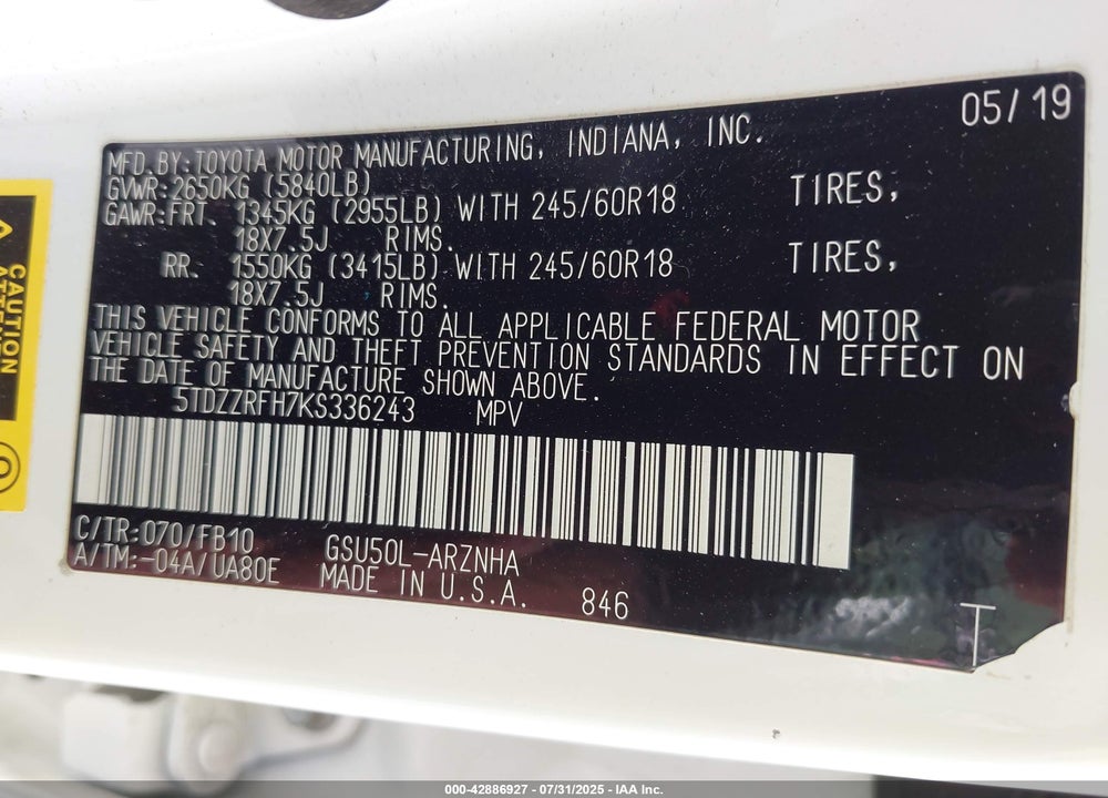 2019 TOYOTA HIGHLANDER VIN: 5TDZZRFH7KS336243