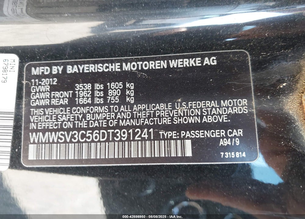 2013 MINI HARDTOP VIN: WMWSV3C56DT391241