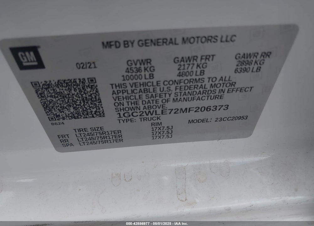 2021 CHEVROLET SILVERADO 2500 VIN: 1GC2WLE72MF206373