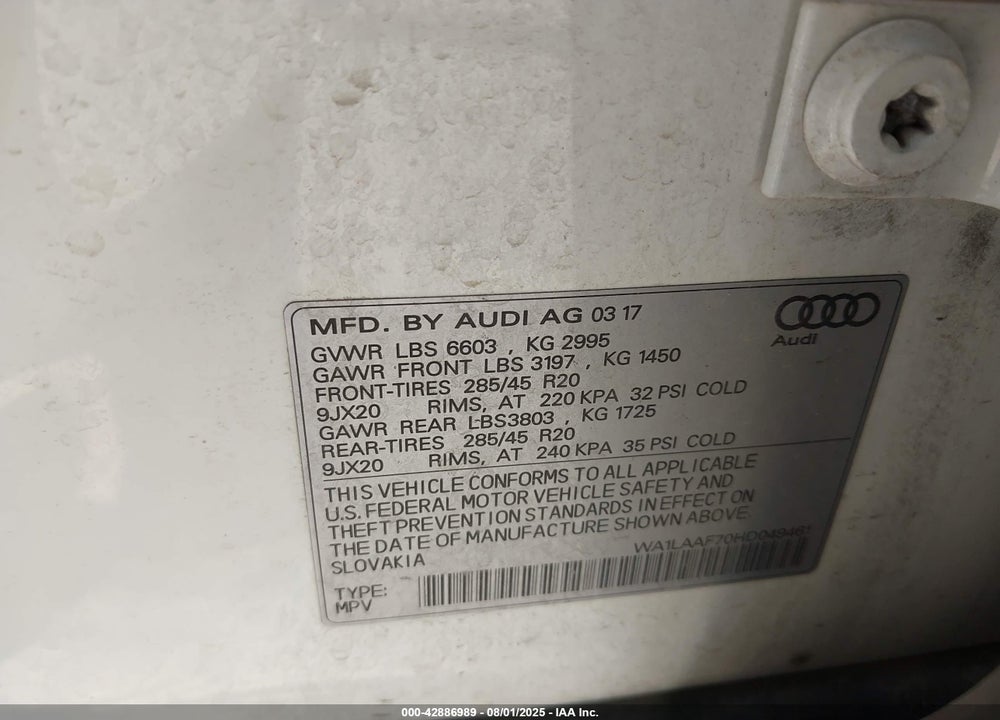 2017 AUDI Q7 VIN: WA1LAAF70HD049461