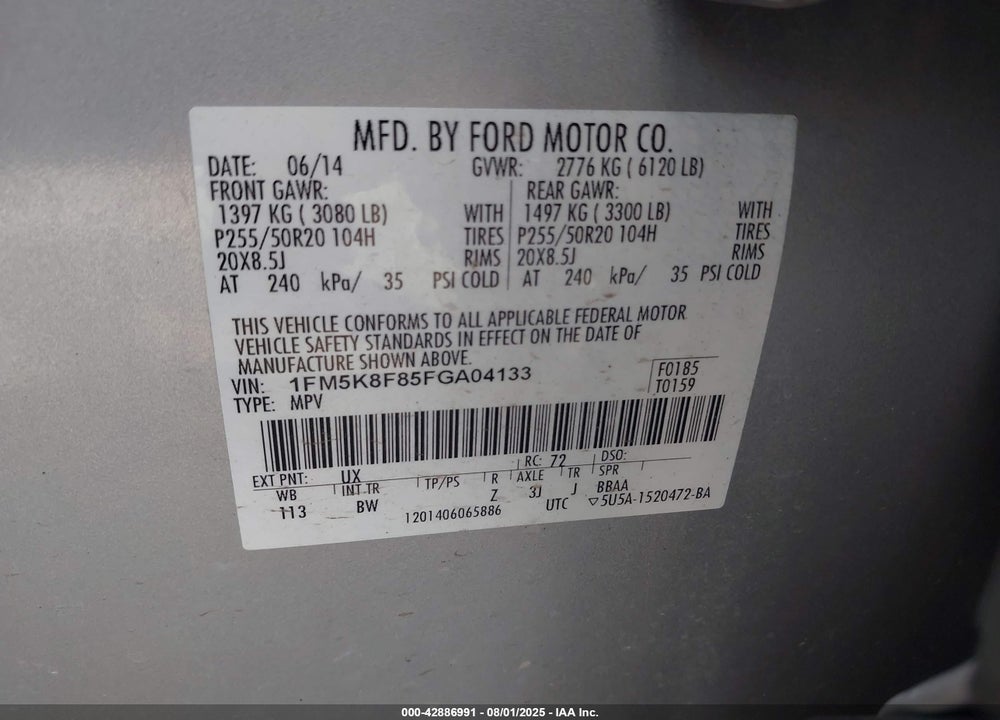 2015 FORD EXPLORER VIN: 1FM5K8F85FGA04133