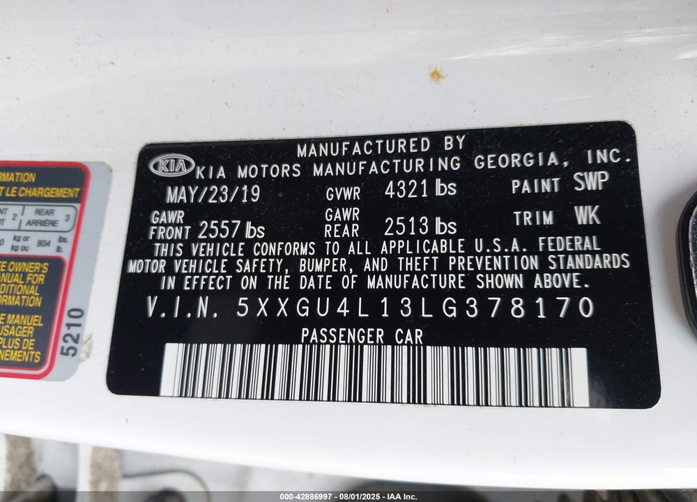 2020 KIA OPTIMA VIN: 5XXGU4L13LG378170