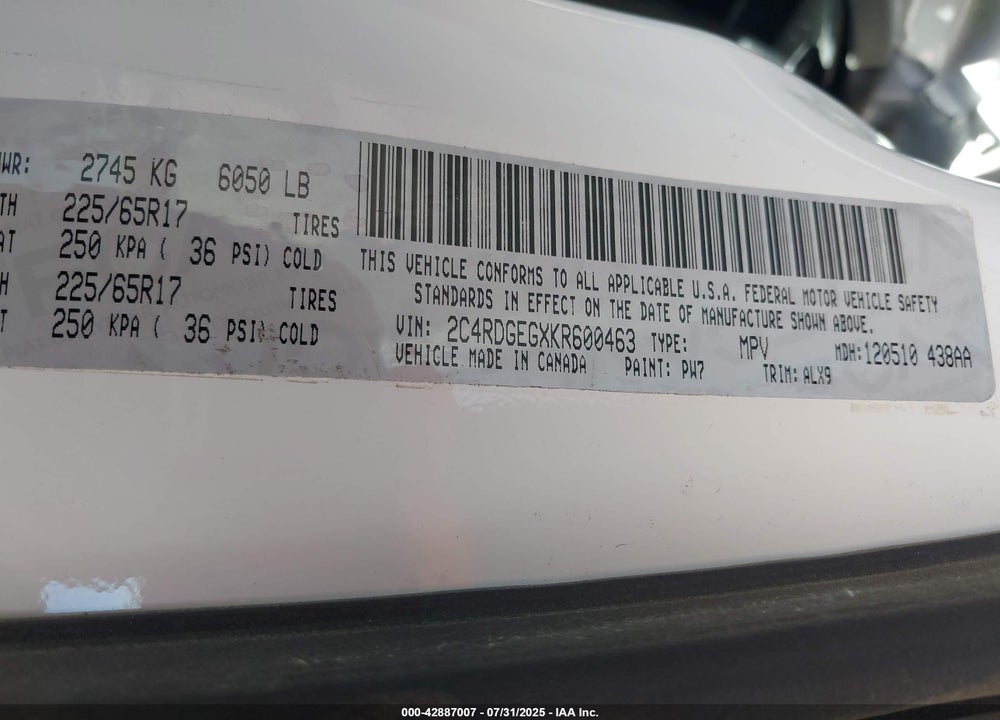 2019 DODGE GRAND CARAVAN GT VIN: 2C4RDGEGXKR600463