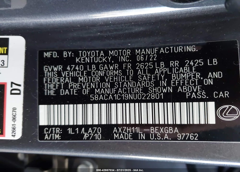 2022 LEXUS ES 300H VIN: 58ACA1C19NU022801