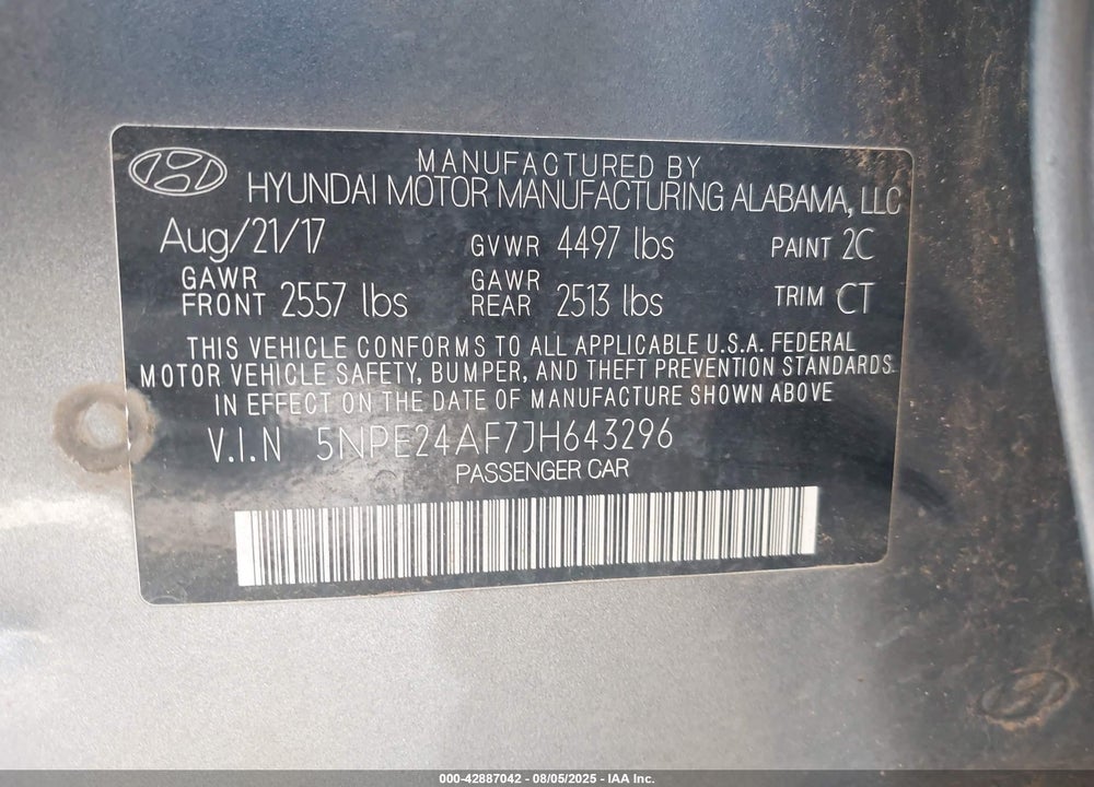 2018 HYUNDAI SONATA SE VIN: 5NPE24AF7JH643296