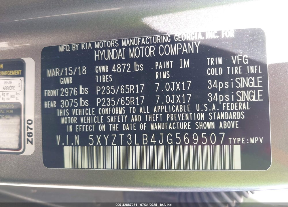 2018 HYUNDAI SANTA FE VIN: 5XYZT3LB4JG569507