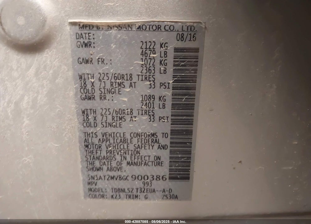 2016 NISSAN ROGUE VIN: 5N1AT2MV8GC900386